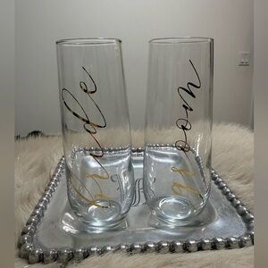 Gold Script Bride and Groom Champagne Flutes